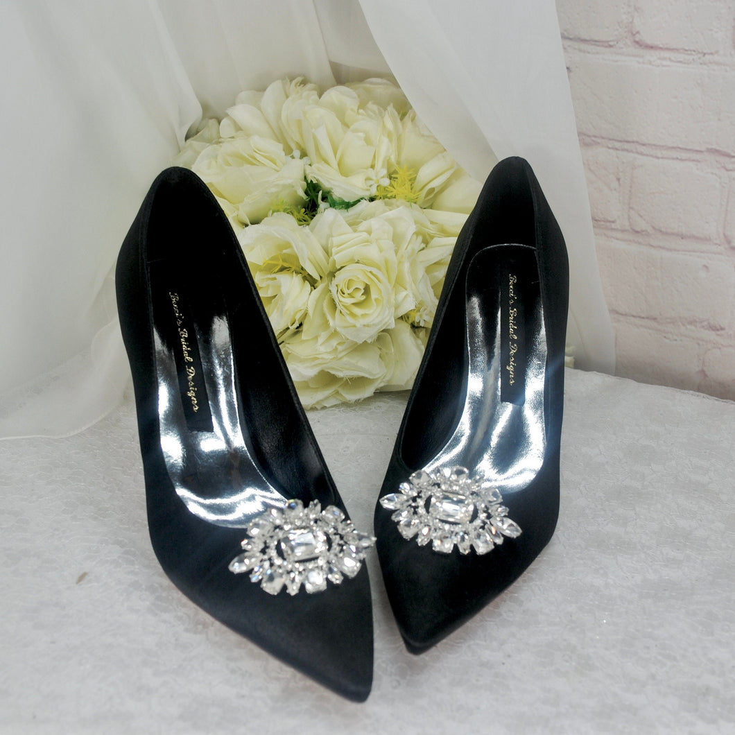 Black Evening Shoes Pointed Court Shoe with Crystal Clip