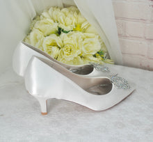 Load image into Gallery viewer, Kitten Heel Satin Bridal Shoes with Designer Square Crystal Shoe Clip - Other Colours
