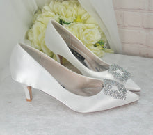 Load image into Gallery viewer, Kitten Heel Satin Bridal Shoes with Designer Square Crystal Shoe Clip - Other Colours
