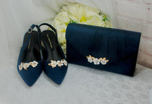 Load image into Gallery viewer, Navy Blue Suede Sling Back Bridal Sandal, Low Heel 6cm Matching Bag with Cherry Blossom.
