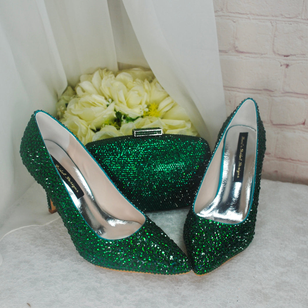 Emerald Green Crystal Heels with Matching Clutch Bag