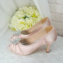 Load image into Gallery viewer, Nude Pink Satin Peep Toe Heels with Crystal Shoe Decoration - 3 inch Heel - Size UK5/US7.5
