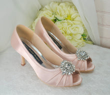 Load image into Gallery viewer, Nude Pink Satin Peep Toe Heels with Crystal Shoe Decoration - 3 inch Heel - Size UK5/US7.5
