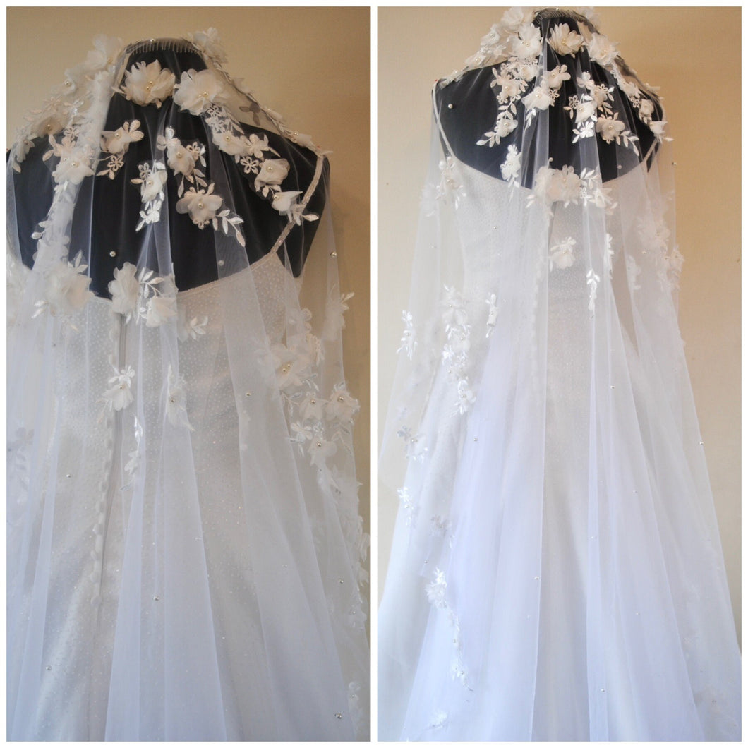 3D Embroidered Floral and Pearl Wedding Veil,  100-300cm