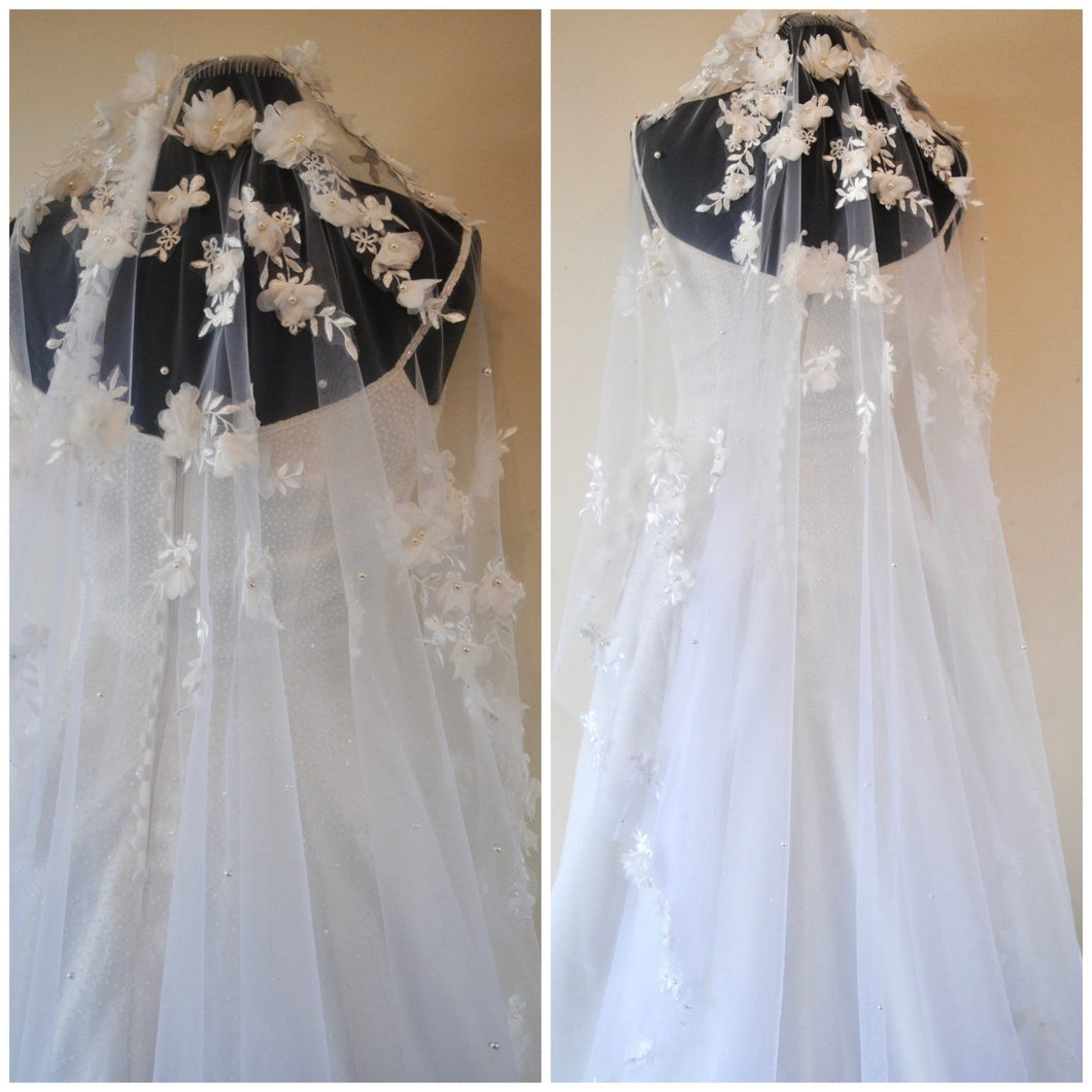 IN STOCK 3D Embroidered Floral and Pearl Wedding Veil, White Chapel Length Veil