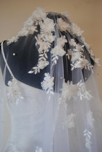 Load image into Gallery viewer, IN STOCK 3D Embroidered Floral and Pearl Wedding Veil, White Chapel Length Veil
