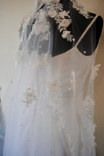 Load image into Gallery viewer, IN STOCK 3D Embroidered Floral and Pearl Wedding Veil, White Chapel Length Veil
