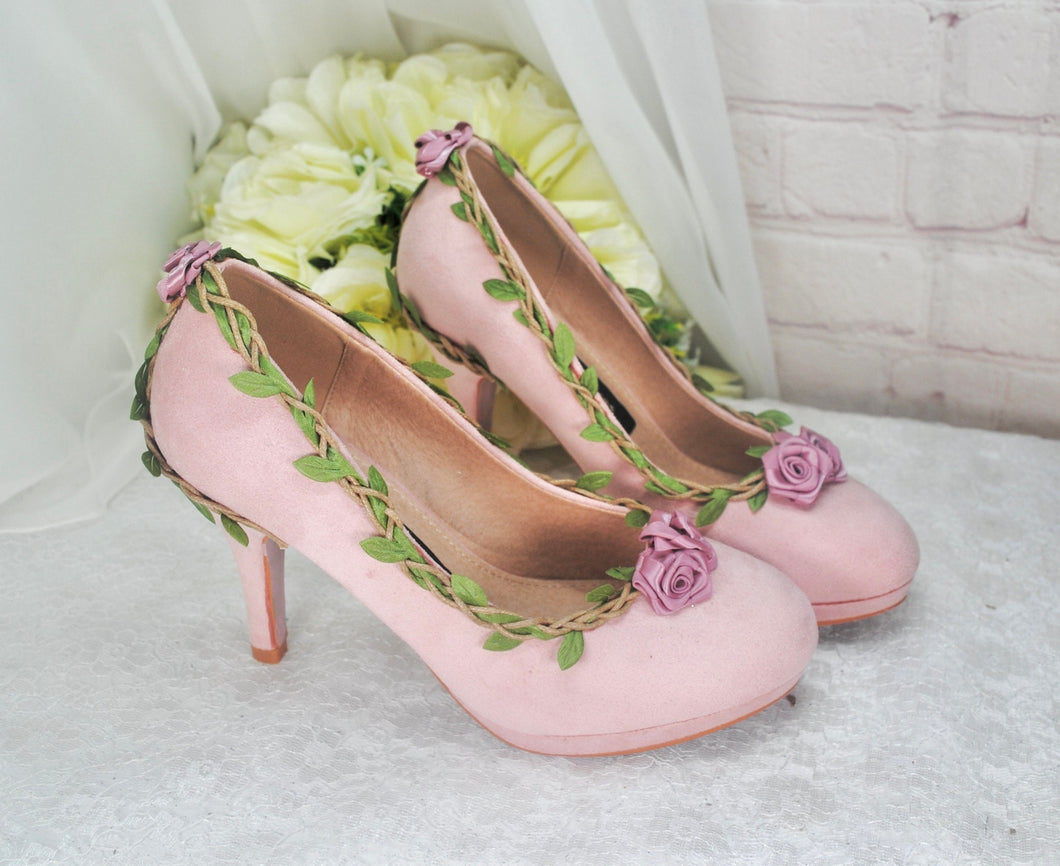 Blush Pink Suede Wedding Sandals with Rose Details- UK3/US5.5