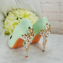 Load image into Gallery viewer, Green Shimmer Heels, Flower Heel Shoes. Size UK6/US8.5
