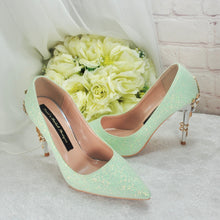 Load image into Gallery viewer, Green Shimmer Heels, Flower Heel Shoes. Size UK6/US8.5
