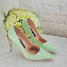 Load image into Gallery viewer, Green Shimmer Heels, Flower Heel Shoes. Size UK6/US8.5
