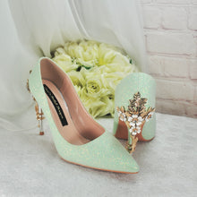 Load image into Gallery viewer, Green Shimmer Heels, Flower Heel Shoes. Size UK6/US8.5
