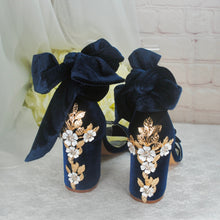 Load image into Gallery viewer, Navy Blue Velvet Block Heels with Cherry Blossom Size UK3 / US5.5
