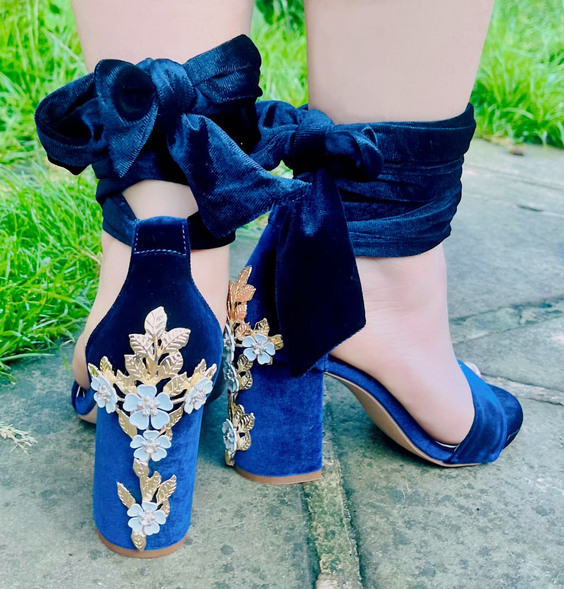 Navy Blue Velvet Block Heels with Cherry Blossom Size UK3