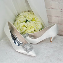 Load image into Gallery viewer, Kitten Heel Satin Bridal Shoes with Designer Square Crystal Shoe Clip - Other Colours
