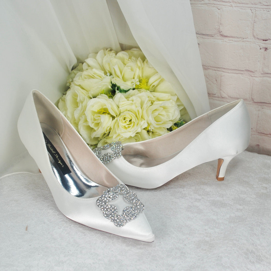 Kitten Heel Satin Bridal Shoes with Designer Square Crystal Shoe Clip - Other Colours