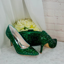 Load image into Gallery viewer, Emerald Green Crystal Heels with Matching Clutch Bag
