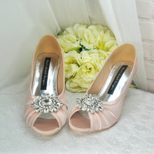 Load image into Gallery viewer, Nude Pink Satin Peep Toe Heels with Crystal Shoe Decoration - 3 inch Heel - Size UK5/US7.5
