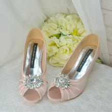 Load image into Gallery viewer, Nude Pink Satin Peep Toe Heels with Crystal Shoe Decoration - 3 inch Heel - Size UK5/US7.5
