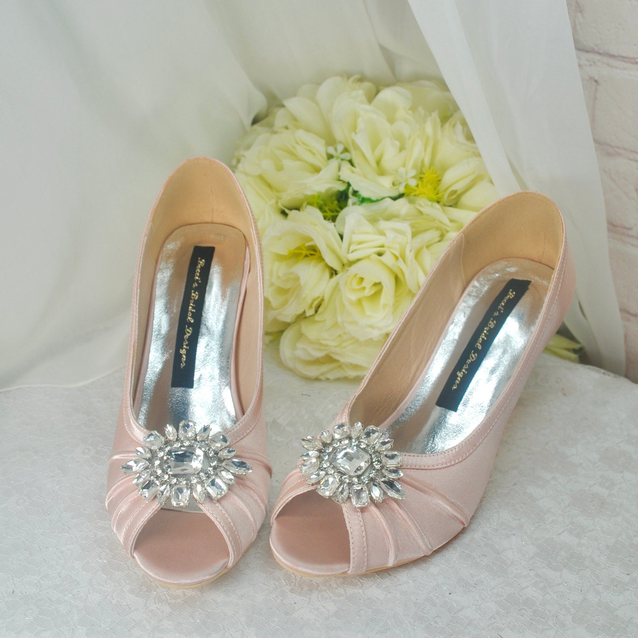 Nude Pink Satin Peep Toe Heels with Crystal Shoe Decoration - 3 inch H –  Becci's Bridal Designs