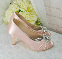 Load image into Gallery viewer, Nude Pink Satin Peep Toe Heels with Crystal Shoe Decoration - 3 inch Heel - Size UK5/US7.5
