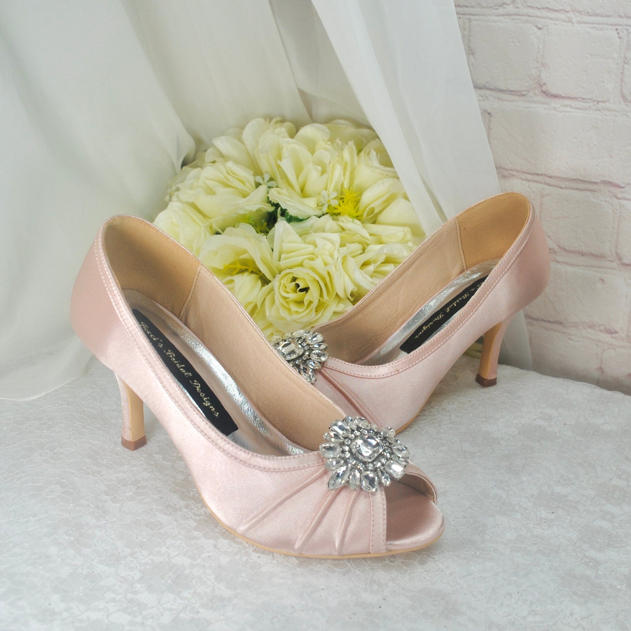 Blush Pink Satin Peep Toe Heels with Crystal Shoe Decoration - 3 inch Becci's Bridal Designs Blush Pink Satin Peep Toe Heels with Crystal Shoe Decoration - 3 inch Becci's Bridal Designs