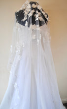 Load image into Gallery viewer, IN STOCK 3D Embroidered Floral and Pearl Wedding Veil, White Chapel Length Veil
