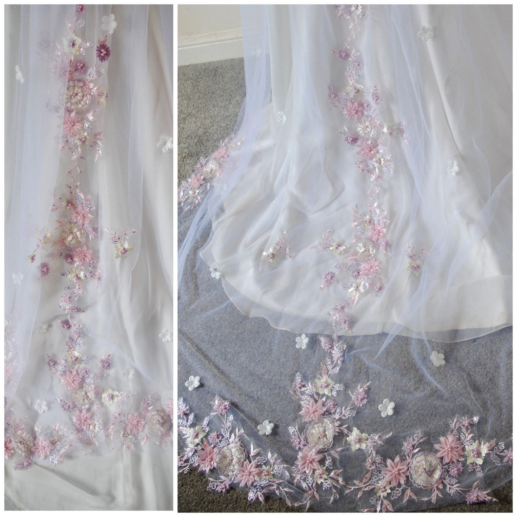 IN STOCK - 250cm wedding veil 3D Pink embroidered flower