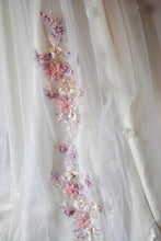 Load image into Gallery viewer, Beautiful cathedral wedding veil 3D Pink embroidered flowers, floral wedding veil, white bridal veil with exquisite floral embroidery
