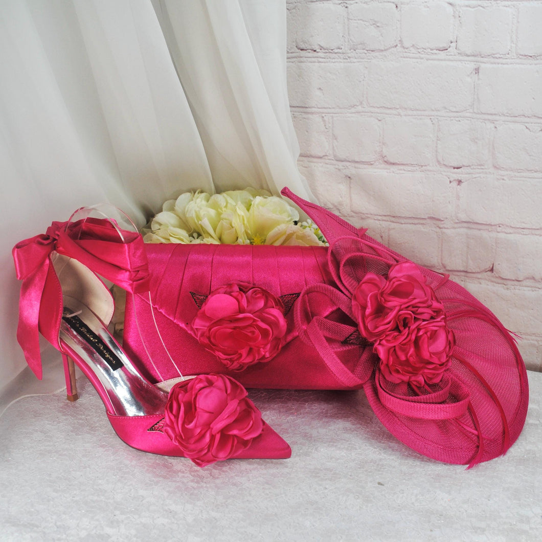 Hot Pink Fascinator Hat, Clutch Bag and Satin Heels. Matching Bridal Set