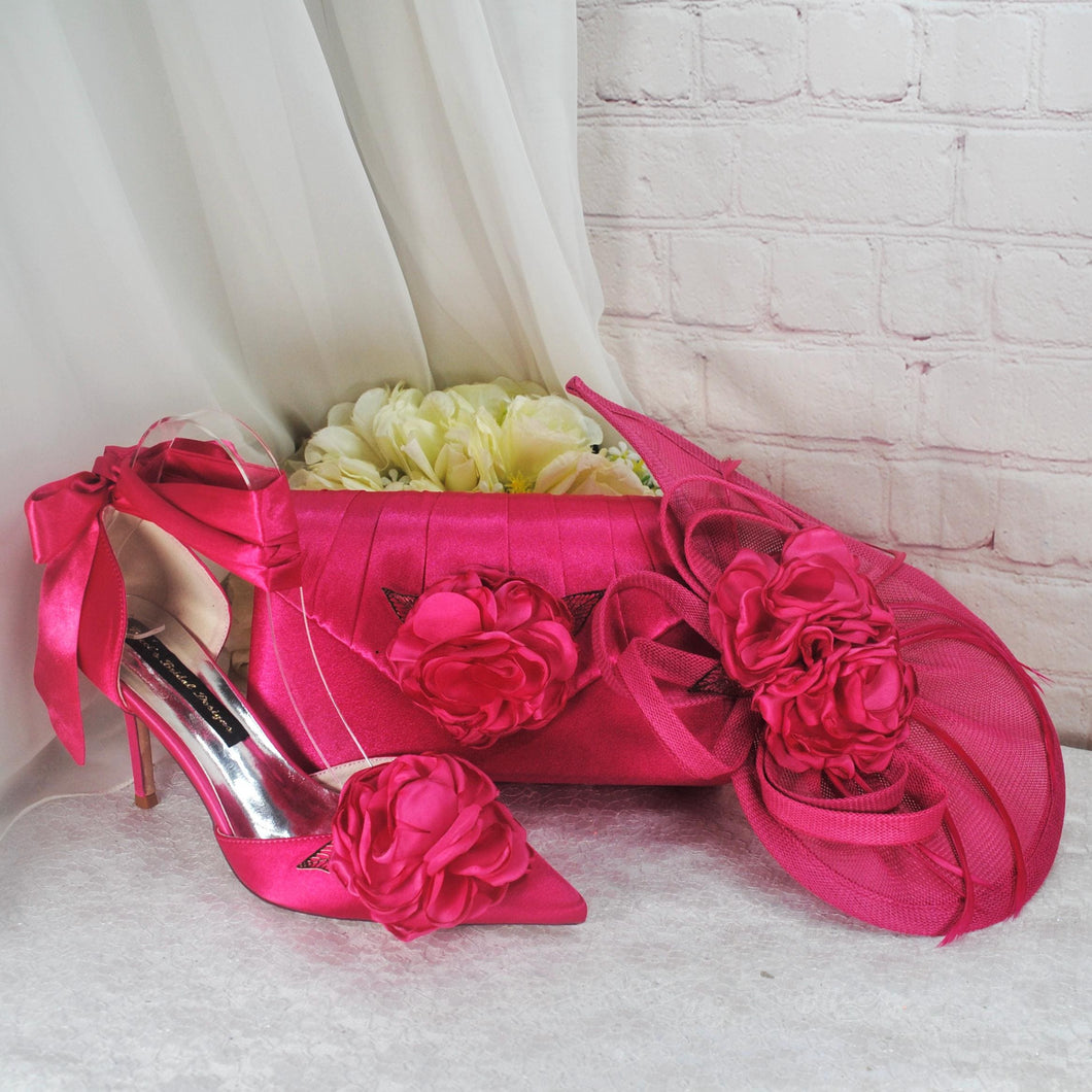 Hot Pink Satin Heels, Clutch Bag and Fascinator Hat