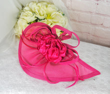 Load image into Gallery viewer, Hot Pink Fascinator Hat, Clutch Bag and Satin Heels. Matching Bridal Set
