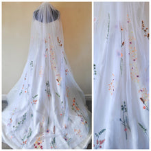 Load image into Gallery viewer, Beautiful cathedral white wedding veil bright embroidered flowers
