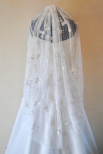 Load image into Gallery viewer, Soft Embroidered Veil Bridal White Swiss Dot Fabric with White Flowers and Shimmering Gold Embroidery
