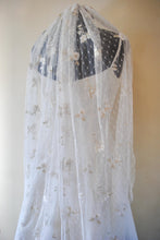 Load image into Gallery viewer, Soft Embroidered Veil Bridal White Swiss Dot Fabric with White Flowers and Shimmering Gold Embroidery
