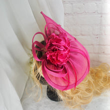 Load image into Gallery viewer, Hot Pink Fascinator Hat, Clutch Bag and Satin Heels. Matching Bridal Set
