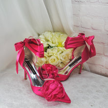 Load image into Gallery viewer, Hot Pink Fascinator Hat, Clutch Bag and Satin Heels. Matching Bridal Set
