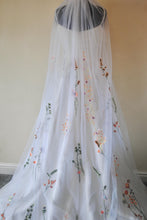 Load image into Gallery viewer, Beautiful cathedral white wedding veil bright embroidered flowers
