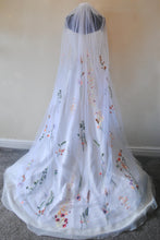 Load image into Gallery viewer, Beautiful cathedral white wedding veil bright embroidered flowers
