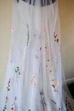 Load image into Gallery viewer, Beautiful cathedral white wedding veil bright embroidered flowers
