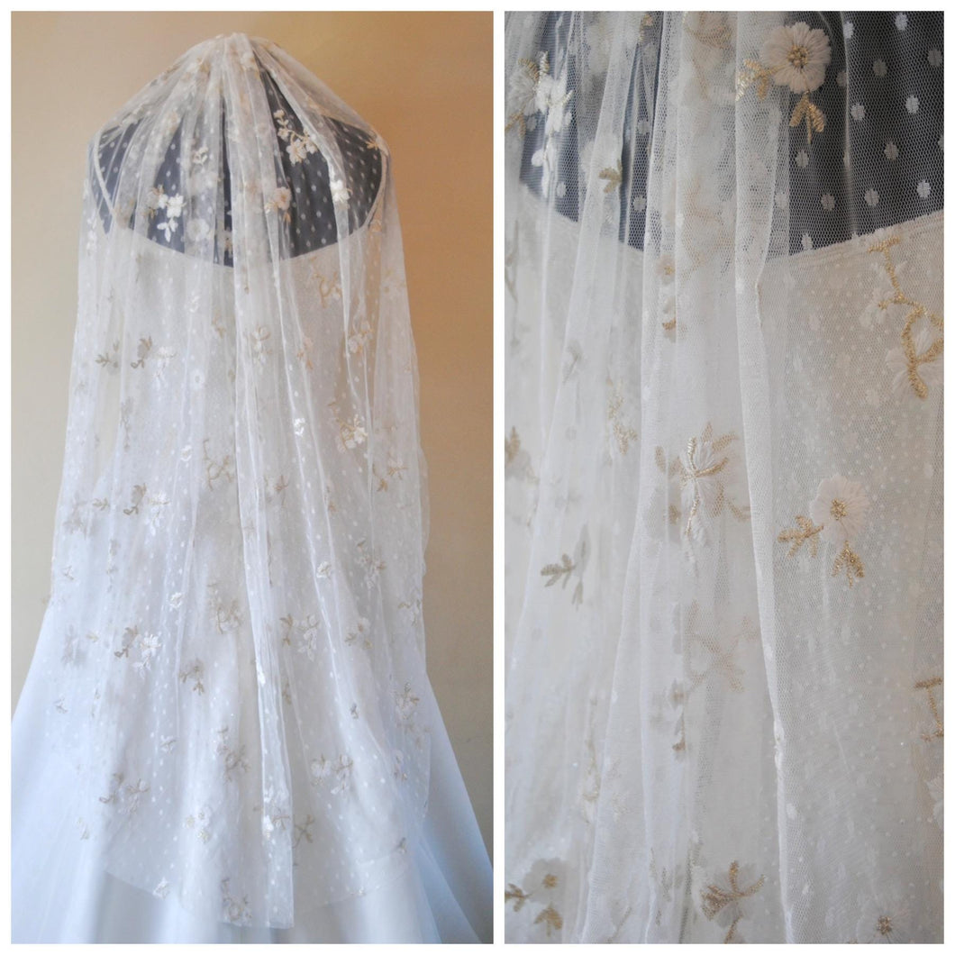 Soft Embroidered Veil Bridal White Swiss Dot Fabric with White Flowers and Shimmering Gold Embroidery