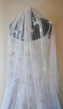 Load image into Gallery viewer, Soft Embroidered Veil Bridal White Swiss Dot Fabric with White Flowers and Shimmering Gold Embroidery
