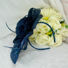 Load image into Gallery viewer, Navy Blue Satin Sandals Clutch Bag Fascinator Hat. UK4/US6.5
