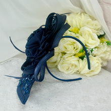 Load image into Gallery viewer, Navy Blue Fascinator Hat, Clutch Bag and Satin Heels
