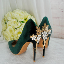 Load image into Gallery viewer, Dark Emerald Green Luxury Velvet High Heels with Gold Floral Heel UK6/US8.5
