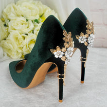 Load image into Gallery viewer, Dark Emerald Green Luxury Velvet High Heels with Gold Floral Heel UK6/US8.5
