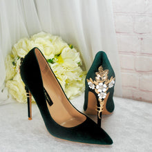 Load image into Gallery viewer, Dark Emerald Green Luxury Velvet High Heels with Gold Floral Heel UK6/US8.5
