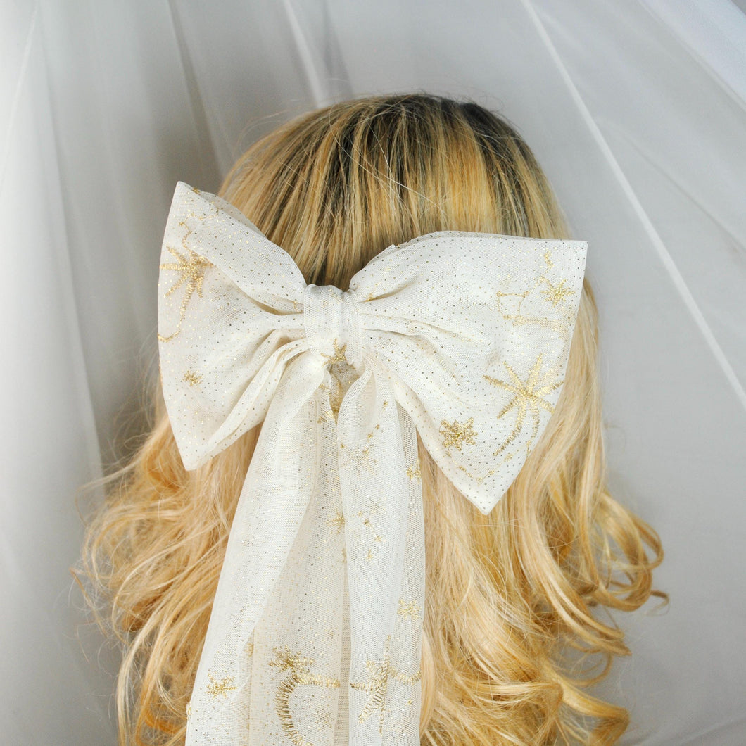 Embroidered Bridal Bow, Moon & Star Celestial Cream Gold Hair Bow