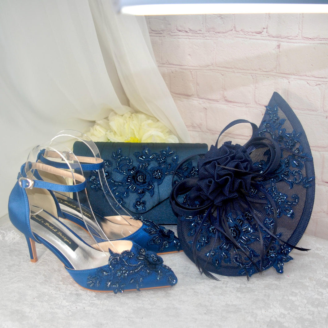 Navy Blue Satin Sandals Clutch Bag Fascinator Hat. UK4/US6.5