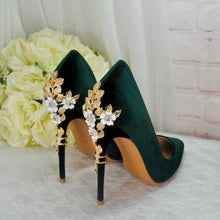 Load image into Gallery viewer, Dark Emerald Green Luxury Velvet High Heels with Gold Floral Heel UK6/US8.5
